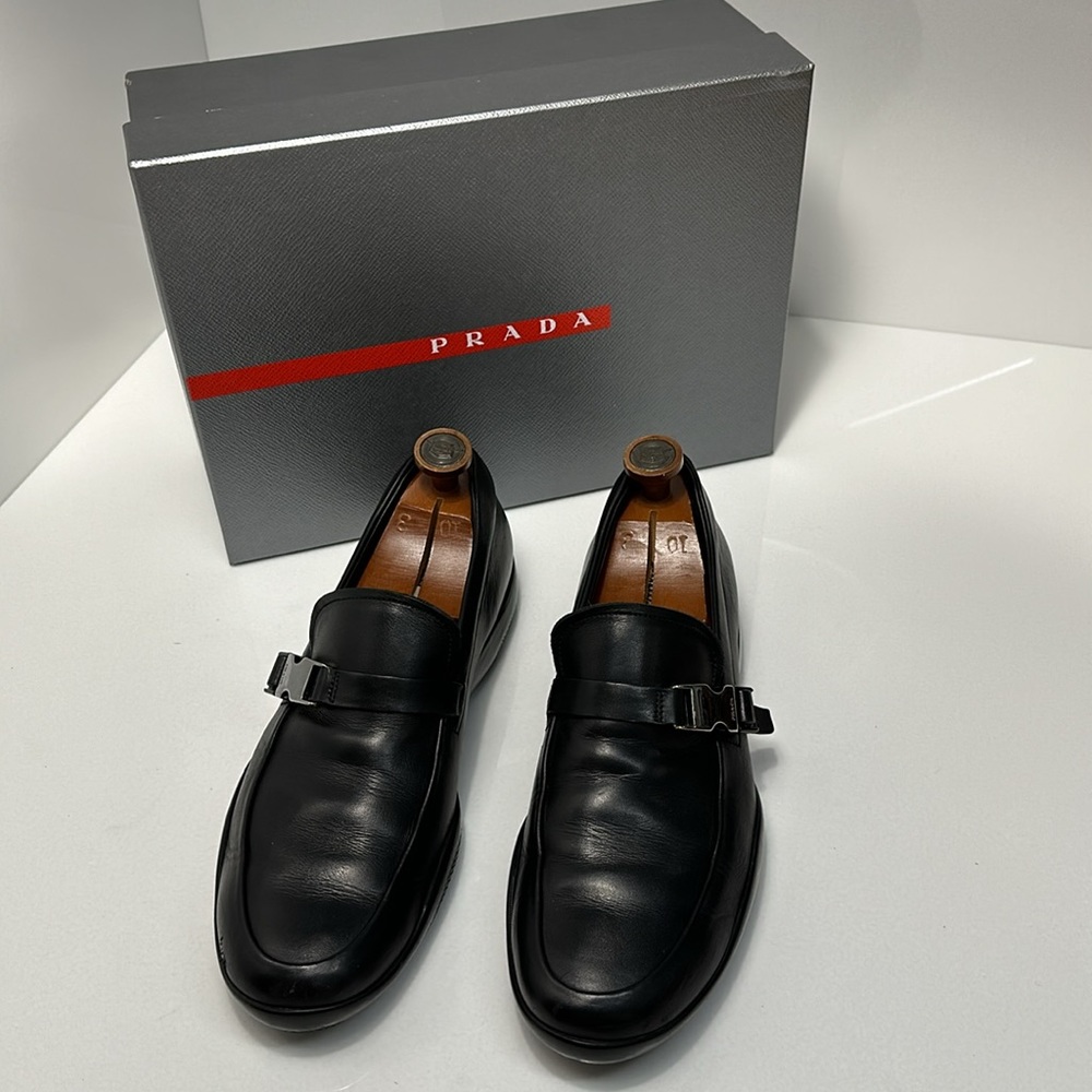 Prada men’s Spazzolato Rois buckle loafers size 9.5 PS1187 black leather shoes - Picture 6 of 12